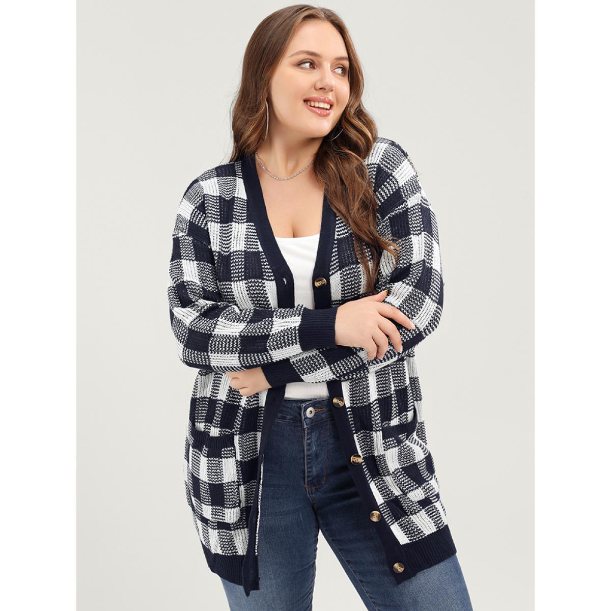 Plus Size Plaid Pointelle Knit Pocket Button Front Cardigan Midnight Women Elegant Loose Long Sleeve Dailywear Cardigans BloomChic 12/L Product Image