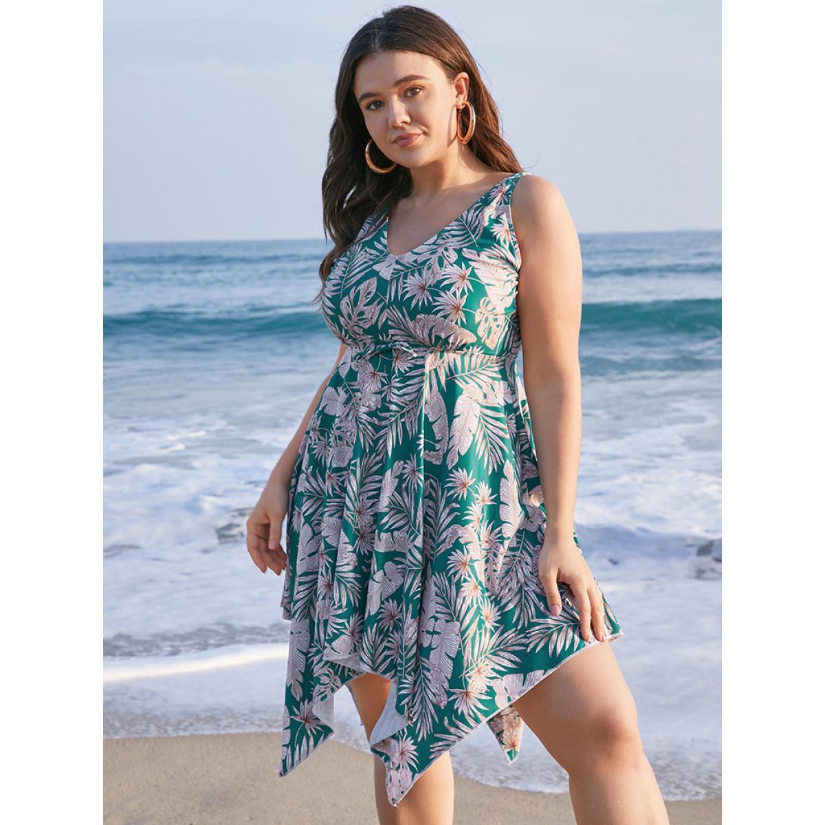Plus Size Plant Print Adjustable Straps Hanky Hem Tankini Top Women's Swimwear Mint Vacation Adjustable Straps High stretch Bodycon V-neck Curve Swim Tops BloomChic 10/M Product Image