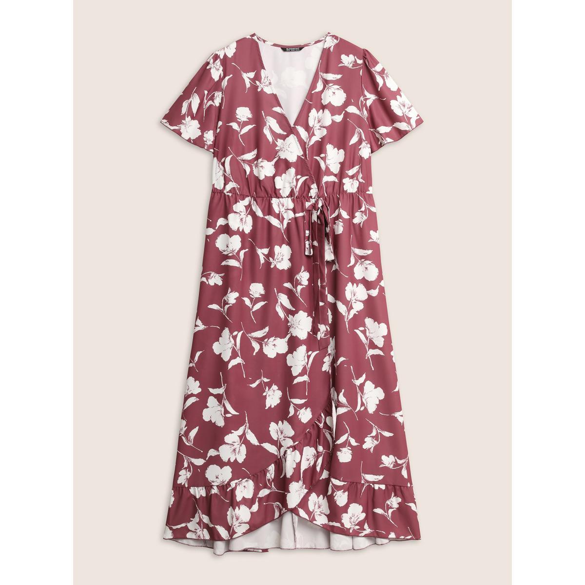 Plus Size Floral Ruffle Knot Side Wrap Dress DustyPink Women Elegant Ruffles V-neck Short sleeve Curvy Midi Dress BloomChic 10/M Product Image