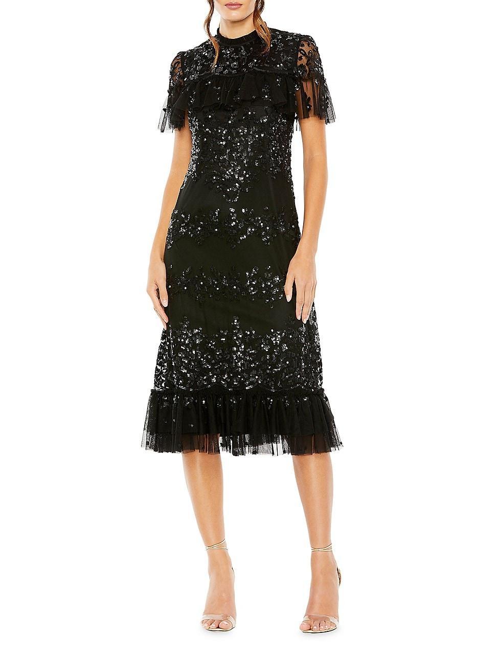 Mac Duggal Short Flutter High Mock Neck Ruffled Sequin Dress Product Image
