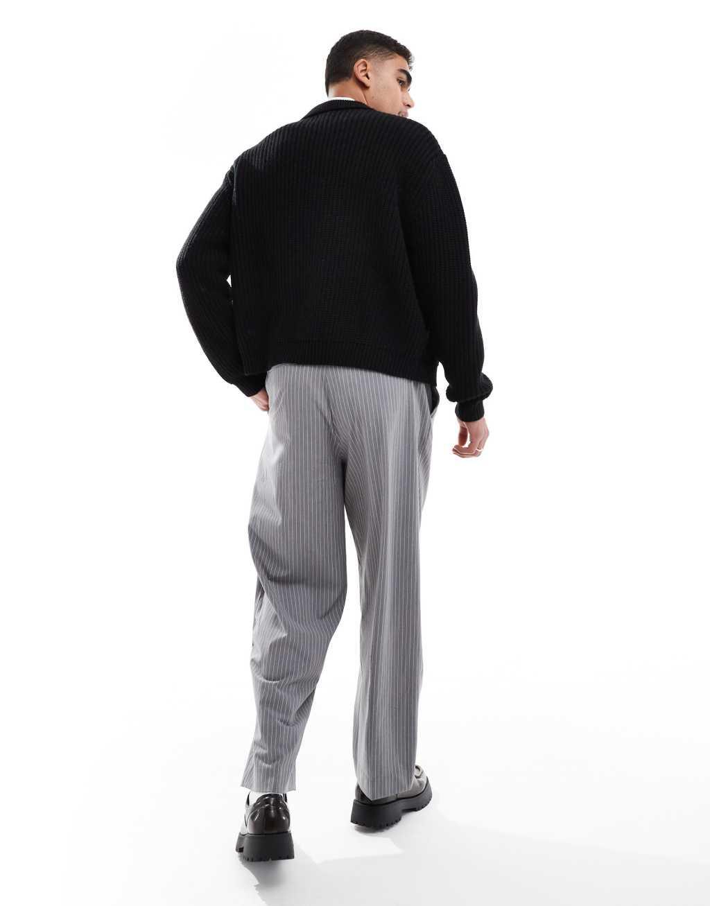 Pull&Bear wide leg tailored stripe pants in gray Product Image