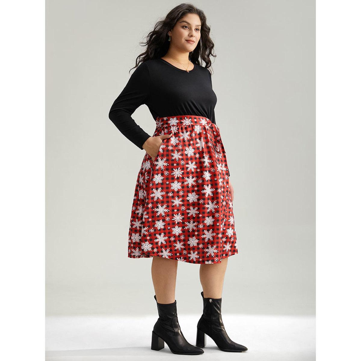Plus Size Snowflake Print Belted Long Sleeve Dress Raspberry Women Elegant Belted Round Neck Long Sleeve Curvy Midi Dress BloomChic 18-20/2X Product Image