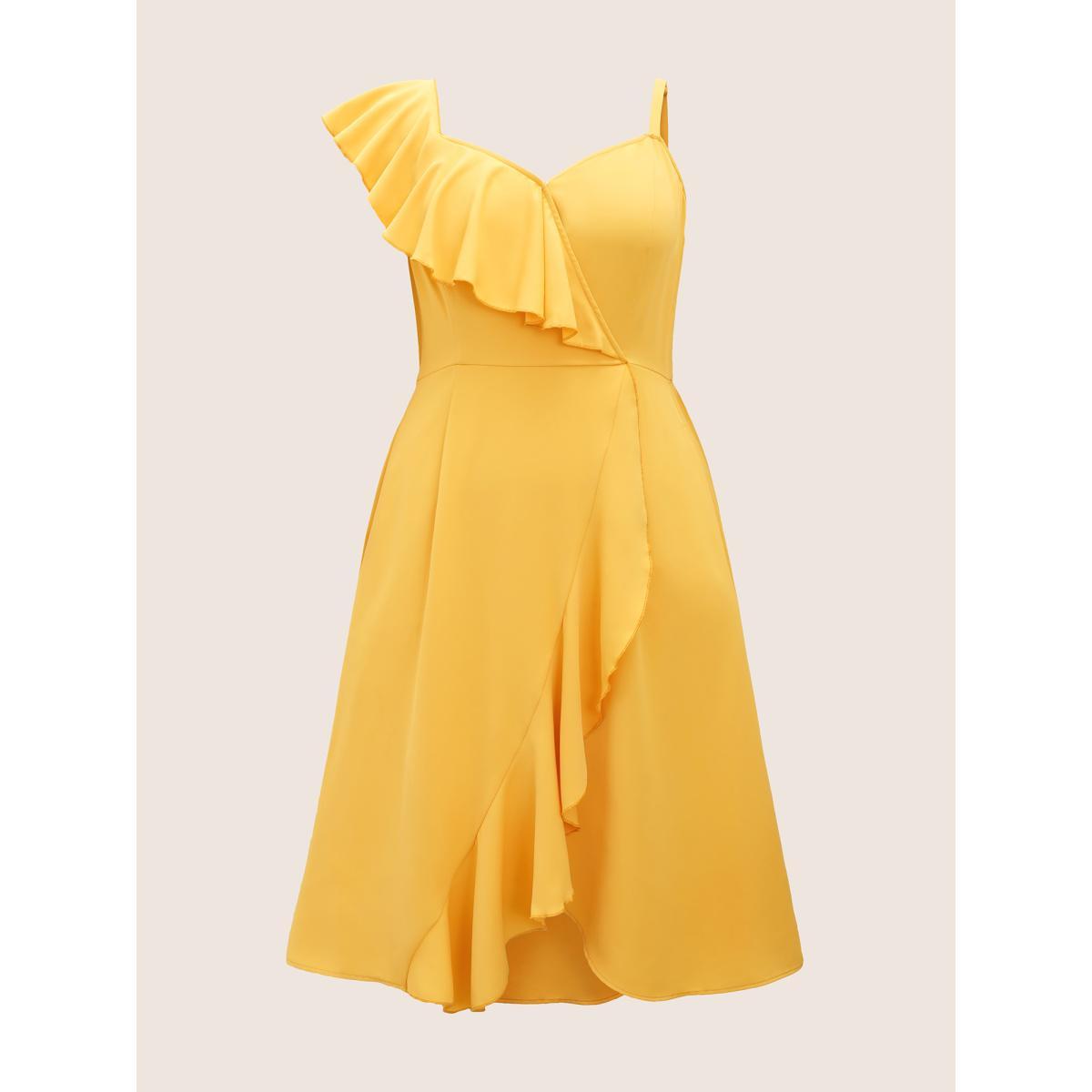 Plus Size Citrus Solid Ruffle Trim Surplice Neck Dress Gold Women Elegant Overlapping V-neck Sleeveless Curvy Midi Dress BloomChic 10/M Product Image