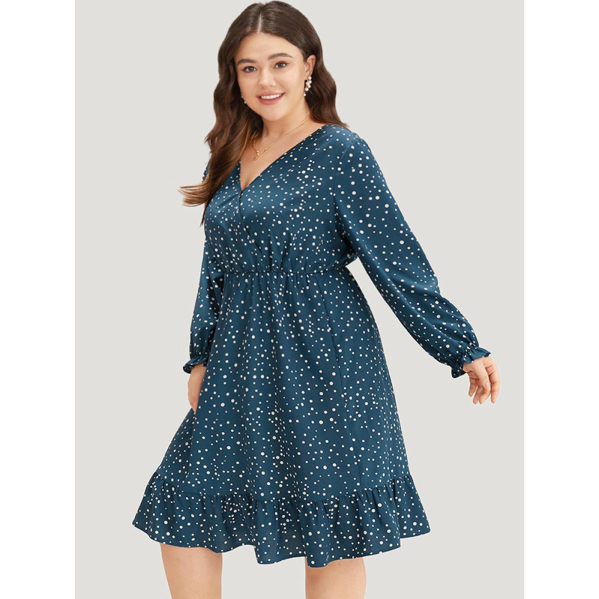 Plus Size Polka Dot Overlap Collar Flutter Trim Dress Aegean Women Elegant Elastic cuffs V-neck Long Sleeve Curvy Midi Dress BloomChic 18-20/2X Product Image