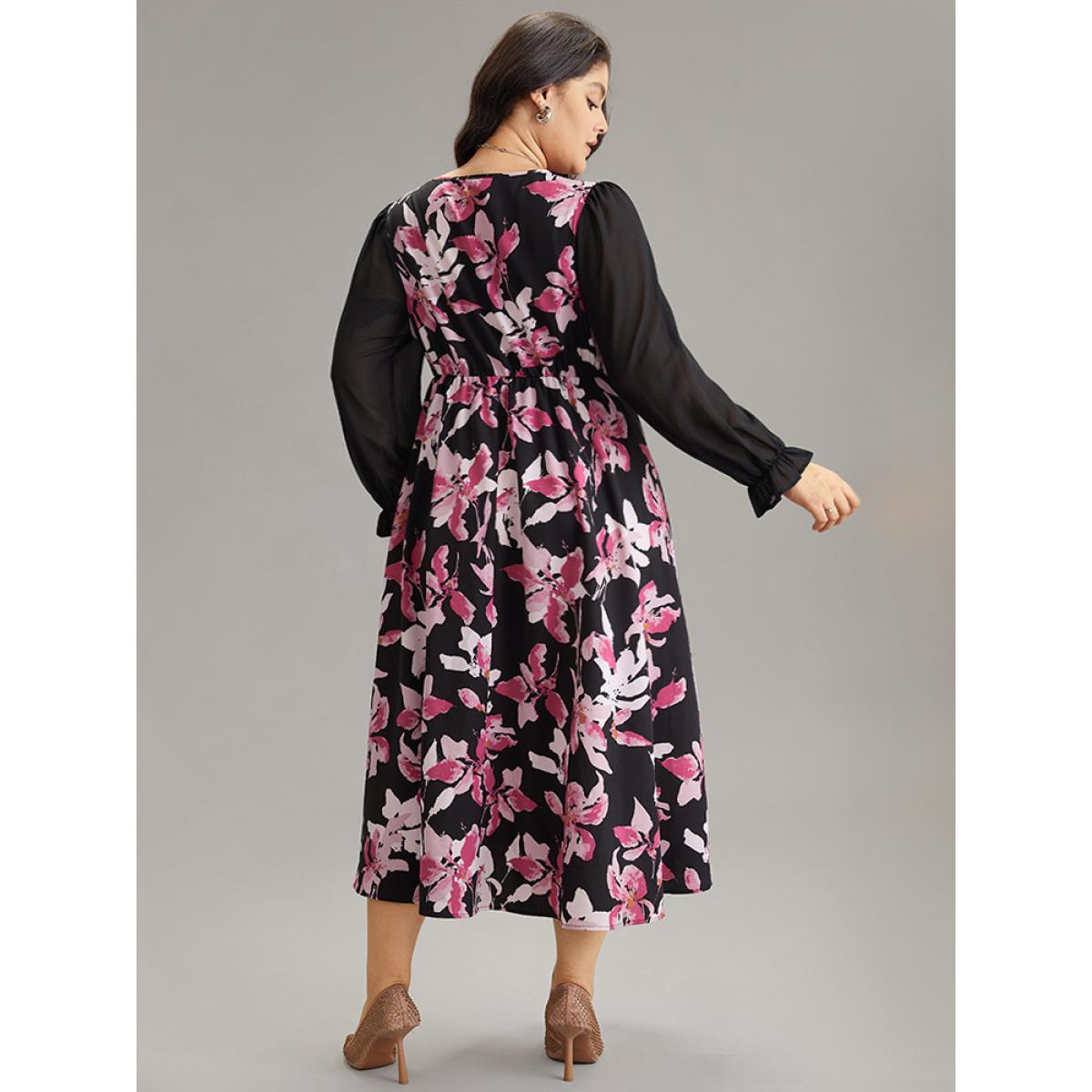 Plus Size Floral Contrast Wrap Chiffon Split Side Dress Black Women Office Wrap Overlap Collar Long Sleeve Curvy Midi Dress BloomChic 22-24/3X Product Image