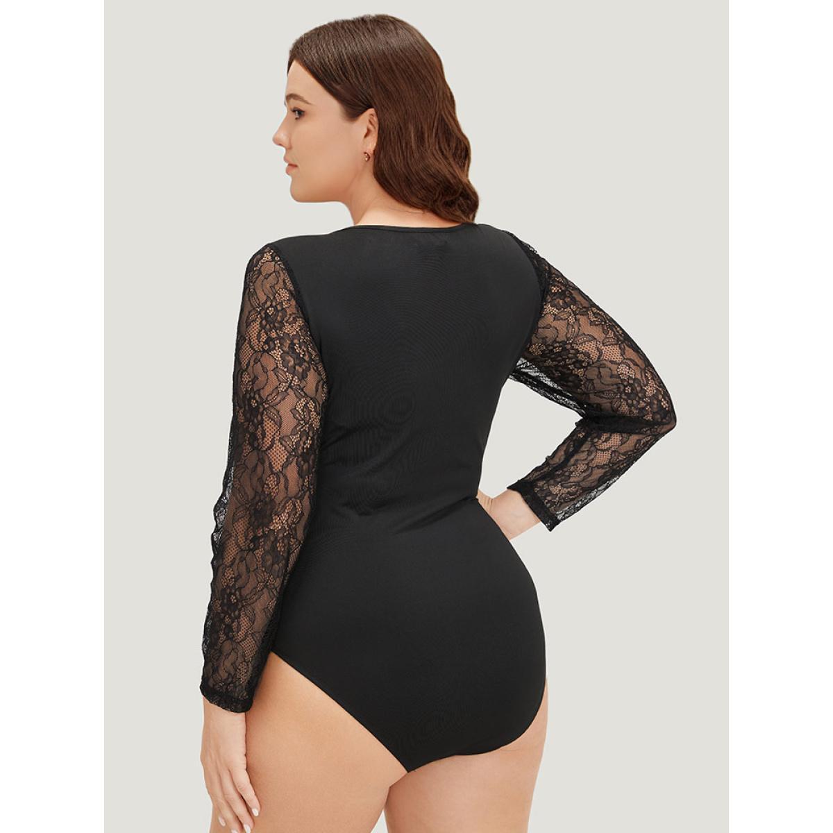 Plus Size Plain Lace Mesh Patchwork Crisscross Bodysuit Women Black Plain Patchwork Bodysuits BloomChic 12/L Product Image