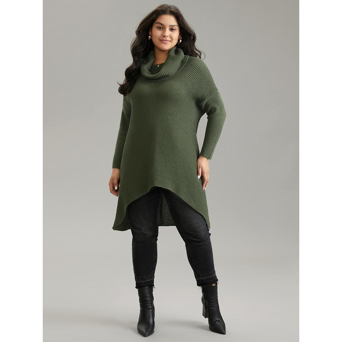 Plus Size Turtle Neck Plain Asymmetrical Hem Drop Shoulder Pullover ArmyGreen Women Casual Loose Long Sleeve Turtleneck Dailywear Pullovers BloomChic 18-20/2X Product Image