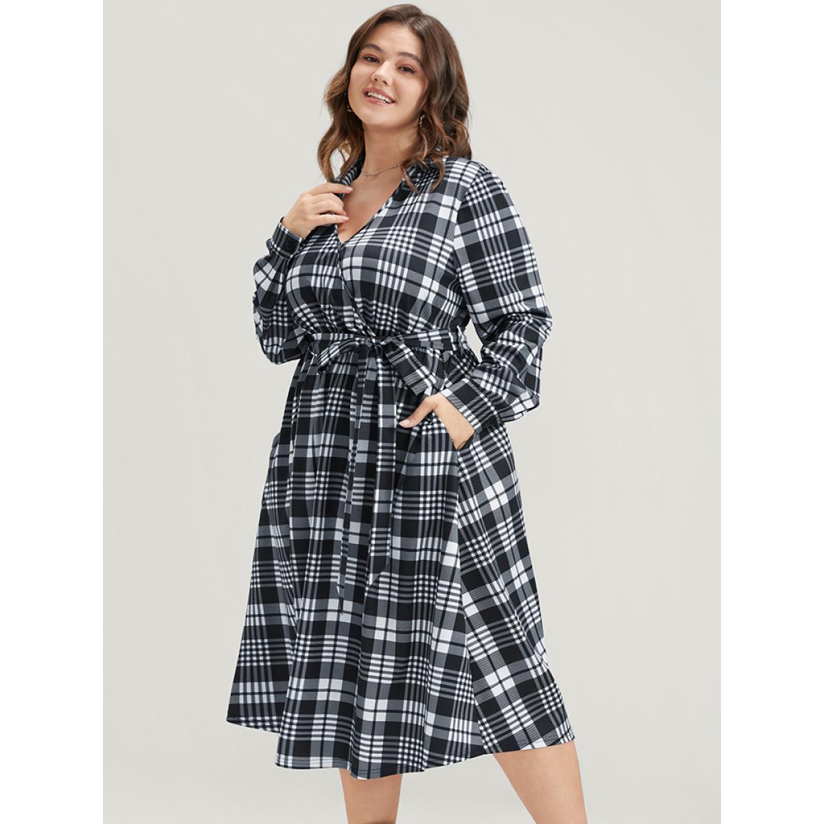 Plus Size Plaid Surplice Neck Lantern Sleeve Pocket Belt Midi Dress Black Women At the Office Elastic Waist V-neck Long Sleeve Curvy Midi Dress BloomChic 28/5X Product Image