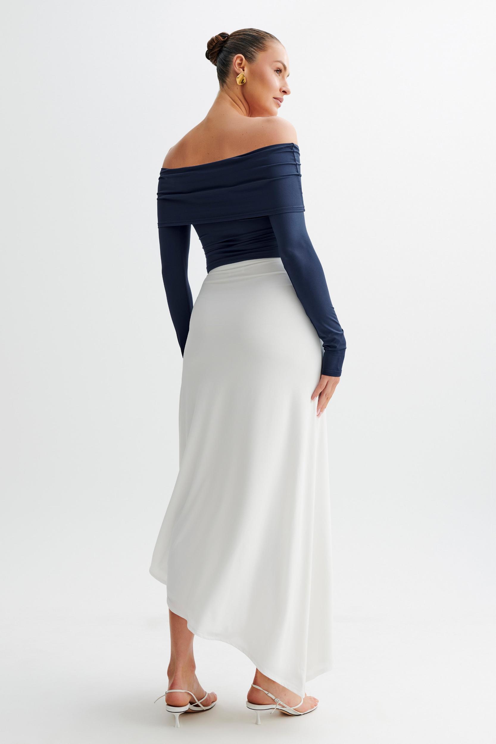 Prue Ruched Off Shoulder Long Sleeve Top - Navy Product Image