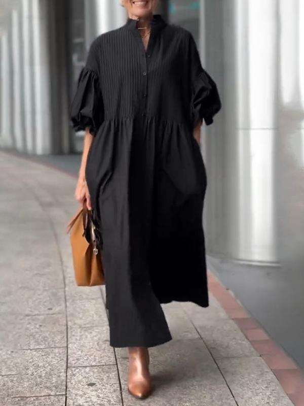 Half Sleeves Loose Buttoned Pleated Solid Color Tied Waist Stand Collar Maxi Dresses Product Image