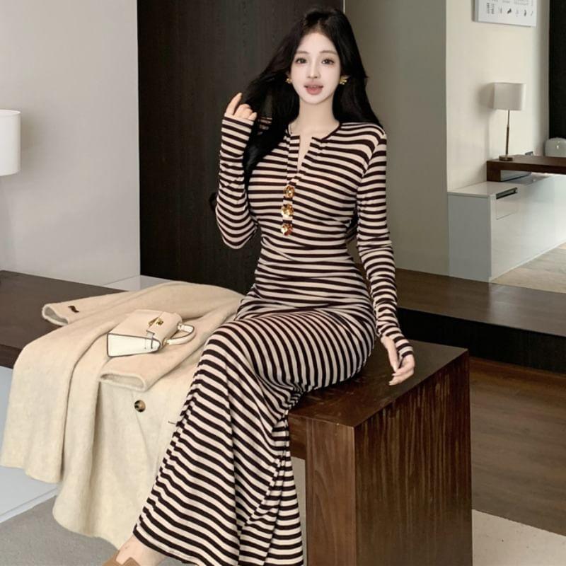 Long-Sleeve Notch Neck Striped Maxi Sheath Dress Product Image