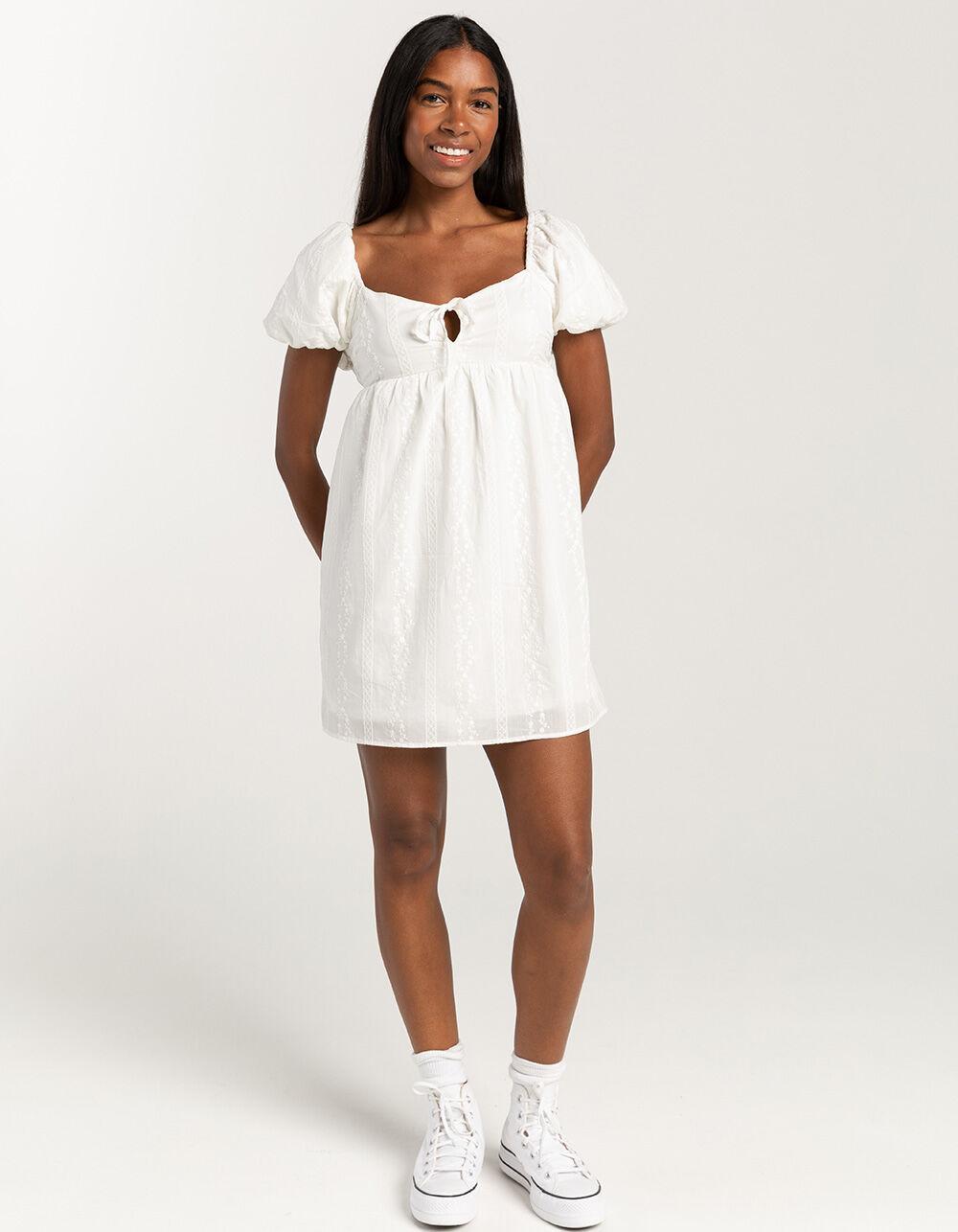 RSQ Womens Tie Front Embroidered Babydoll Dress - WHITE Product Image