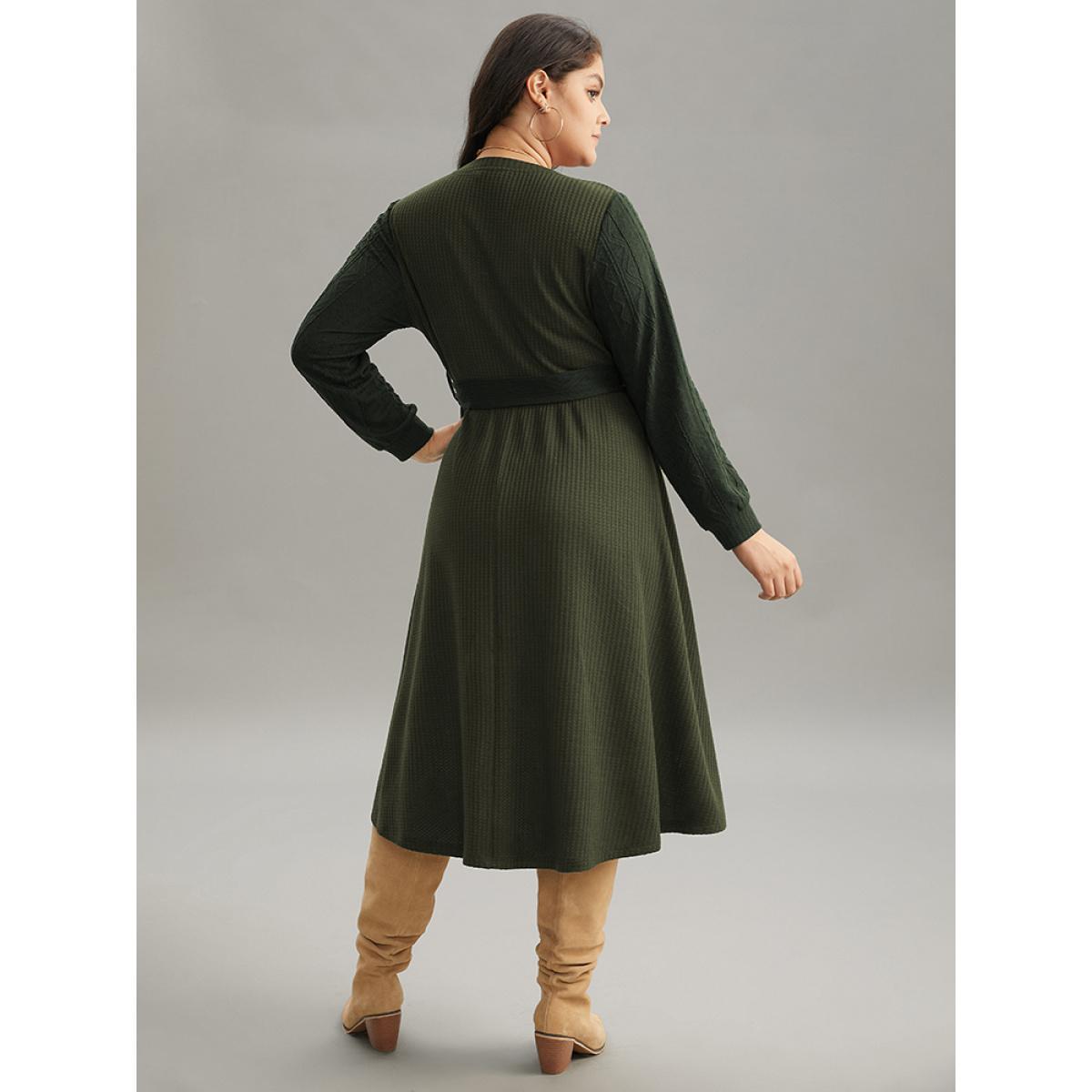 Plus Size Solid Waffle Knit Round Neck Belted Dress ArmyGreen Women Casual Texture Round Neck Long Sleeve Curvy Midi Dress BloomChic 18-20/2X Product Image