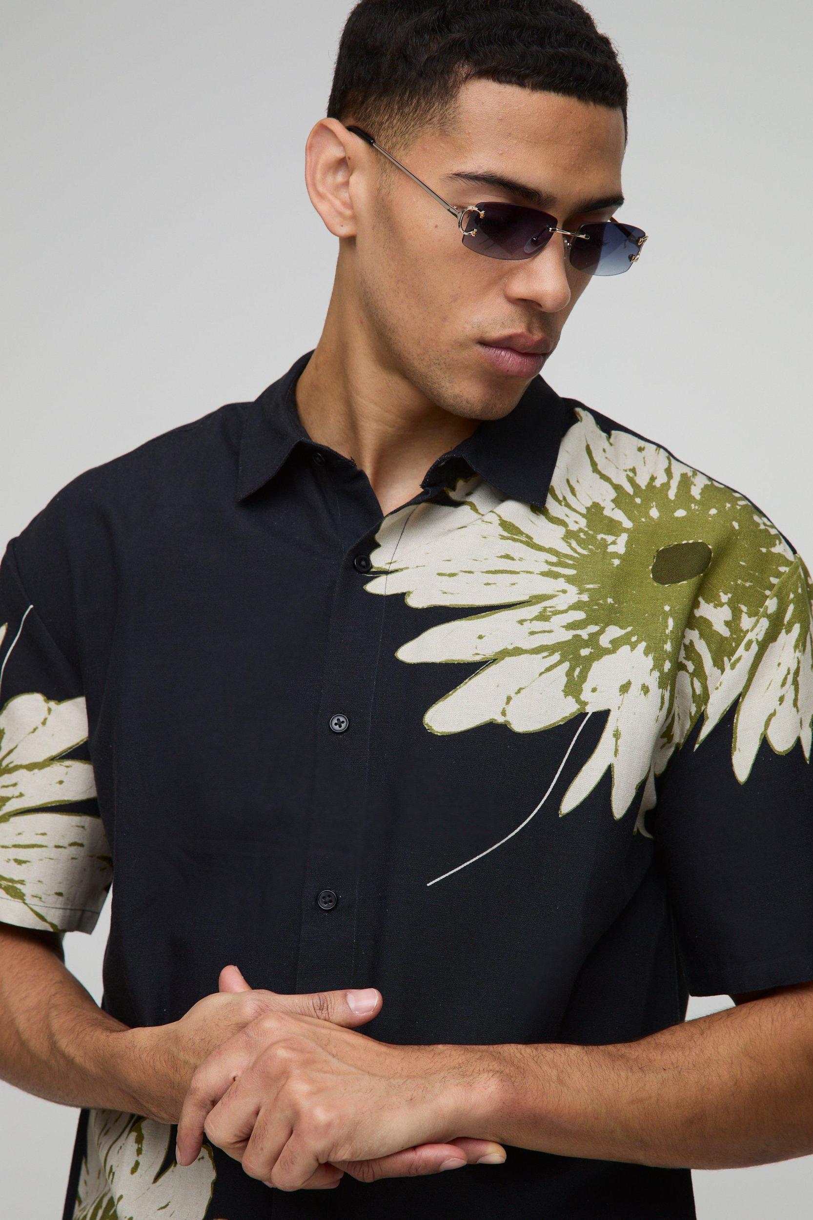 Oversized Floral Print Linen Look Shirt | boohooMAN USA Product Image