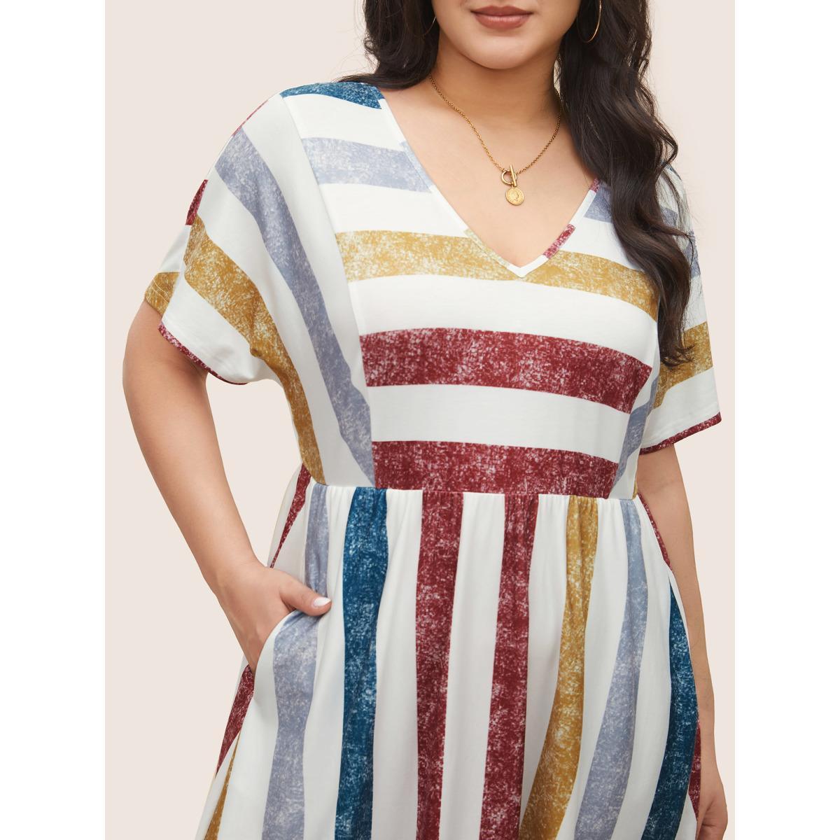 Plus Size Color Striped Pocket Batwing Sleeve Dress Multicolor Women Casual Non V-neck Short sleeve Curvy Midi Dress BloomChic 26/4X Product Image
