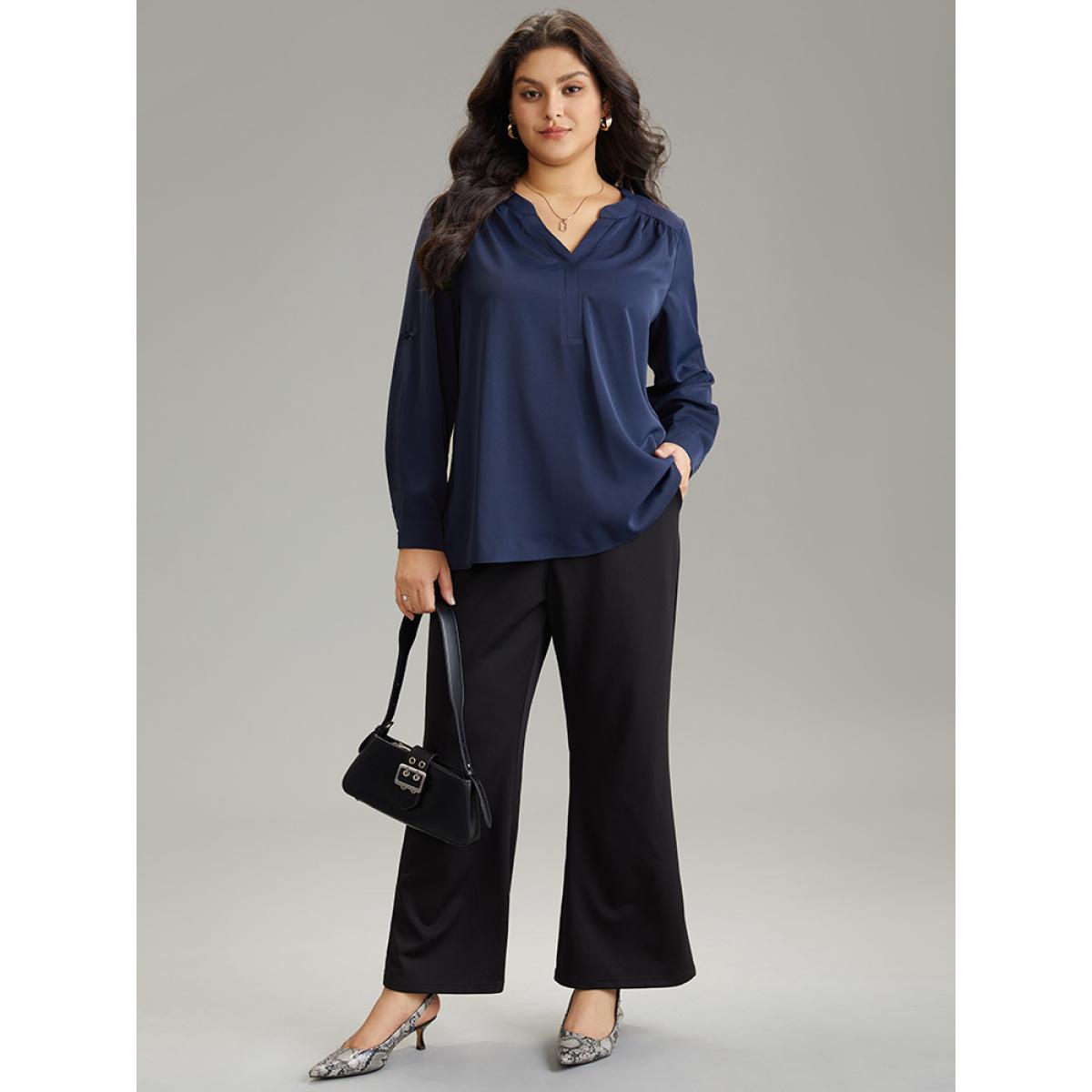 Plus Size Indigo Static-Free Solid Gathered Tab Sleeve Blouse Women Office Long Sleeve V-neck Work Blouses BloomChic 22-24/3X Product Image
