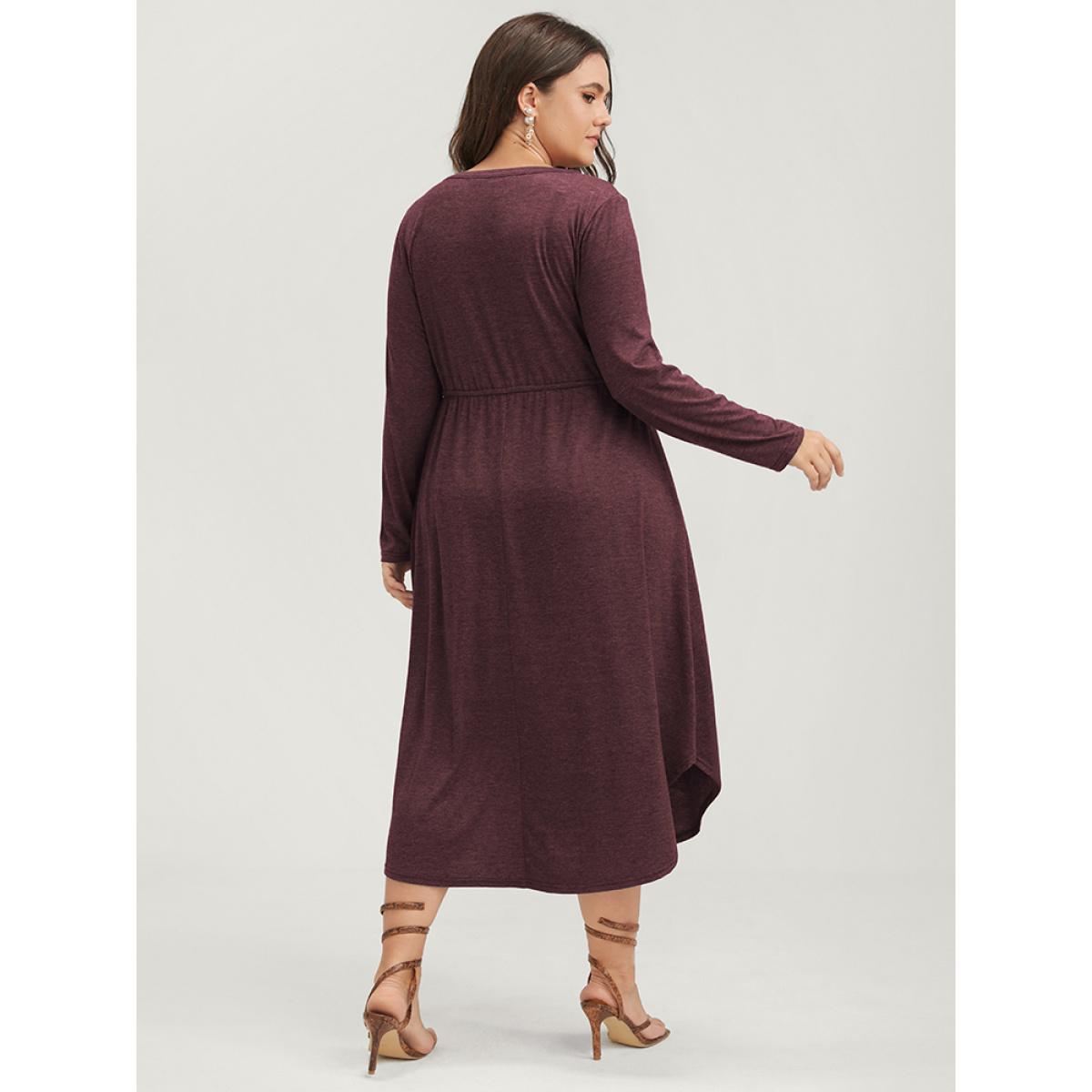 Plus Size Solid Pocket Button Asymmetrical Hem Ties Midi Dress Black Women Casual Patchwork V-neck Long Sleeve Curvy Midi Dress BloomChic 28/5X Product Image