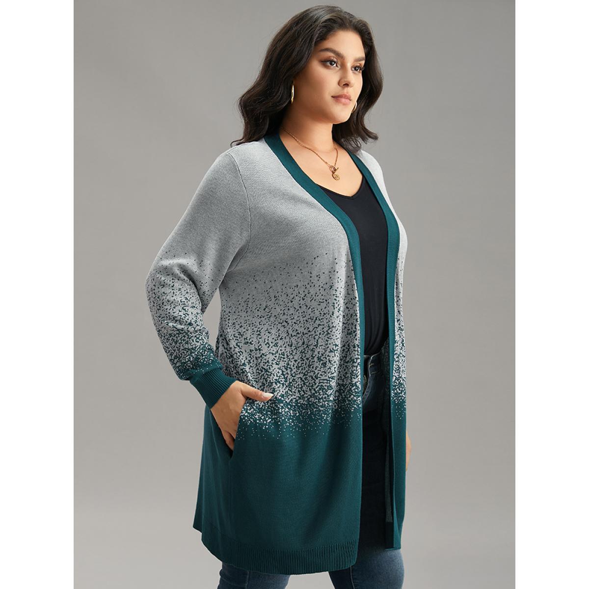 Plus Size Ombre Heather Contrast Open Front Cardigan Cyan Women Casual Loose Long Sleeve Dailywear Cardigans BloomChic 14-16/1X Product Image