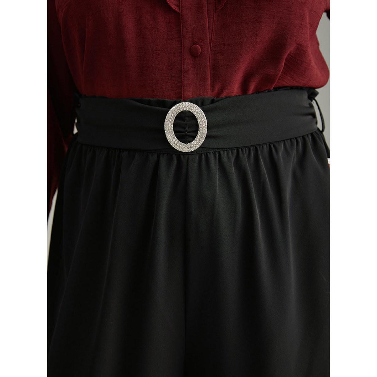 Plus Size Static-Free Solid Glitter Buckle Detail Belted Pants Women Black Office Straight Leg High Rise Work Pants BloomChic 14-16/1X Product Image