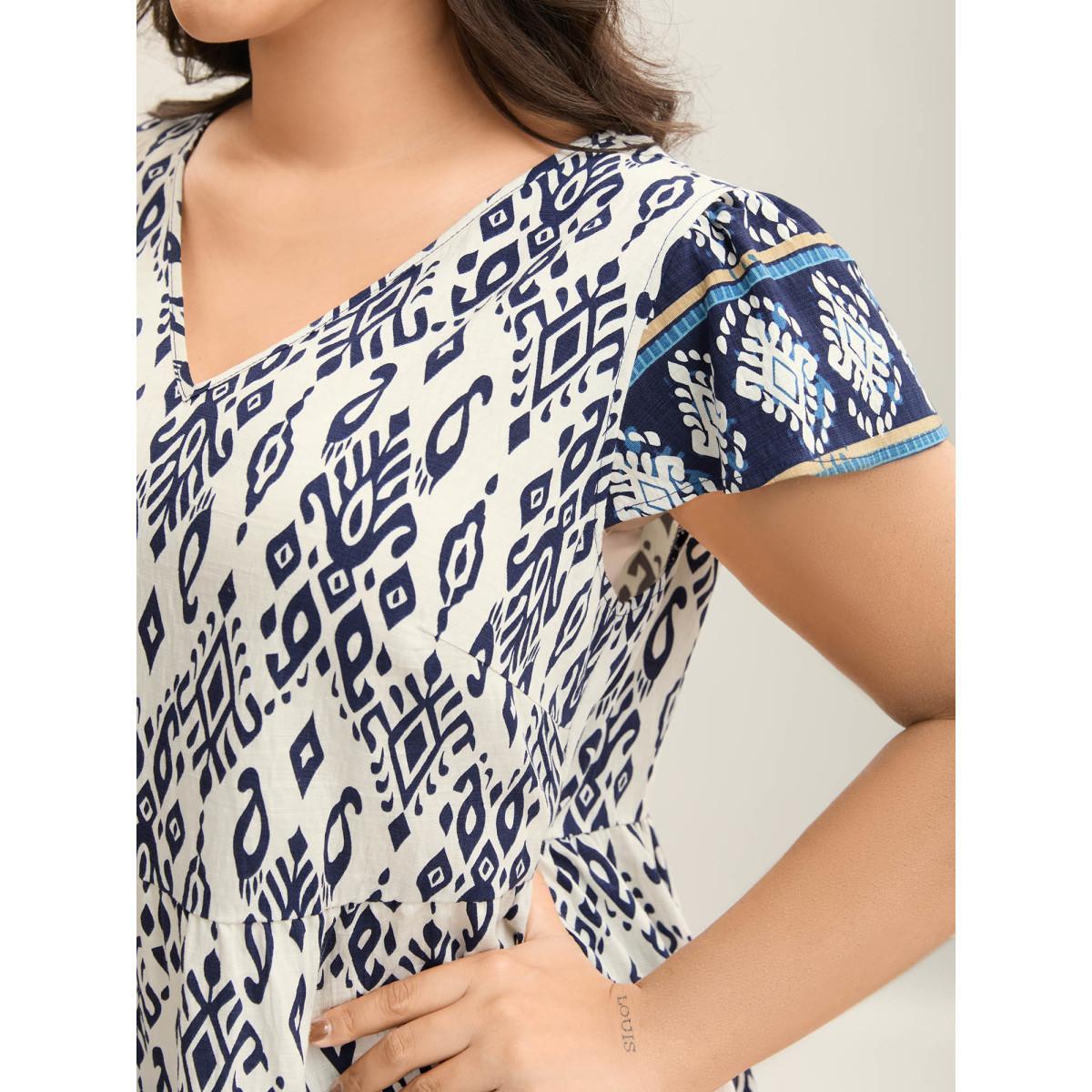 Plus Size Indigo Boho Print High-Low Hem Shirt Women Resort Cap Sleeve V-neck Vacation Blouses BloomChic 30/6X Product Image