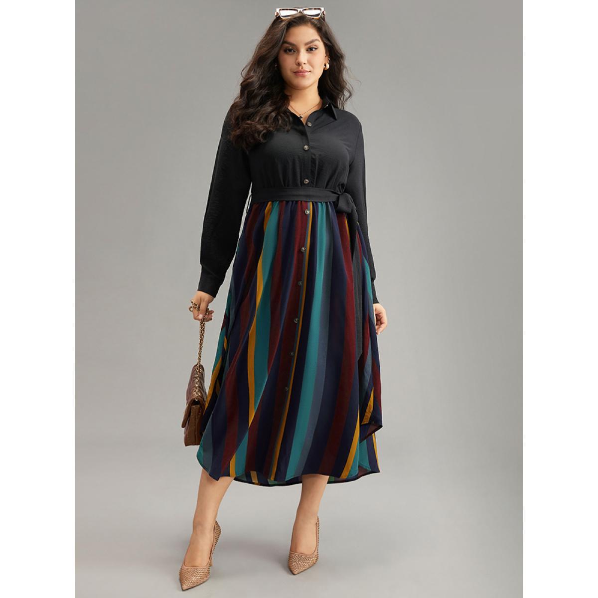Plus Size Colour Striped Patchwork Belted Button Through Dress Scarlet Women Office Belted Shirt collar Long Sleeve Curvy Midi Dress BloomChic 10/M Product Image