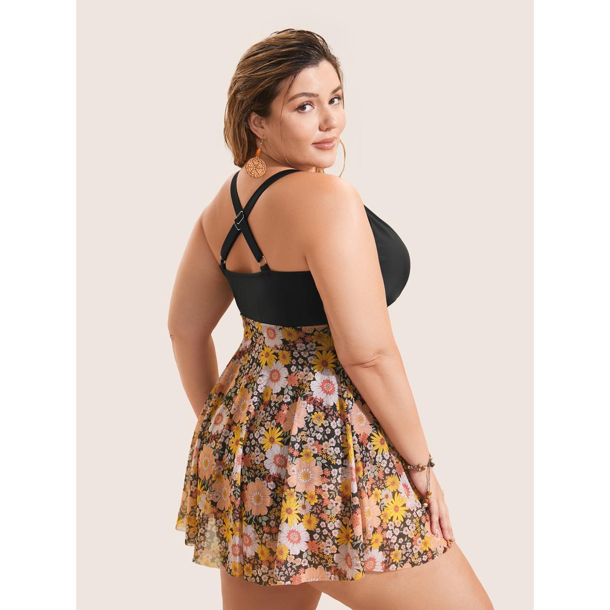 Plus Size Natural Flowers Patchwork Mesh Gathered Swim Dress Women's Swimwear Multicolor Beach Bodycon V-neck High stretch Curve Swim Dresses BloomChic 18-20/2X Product Image