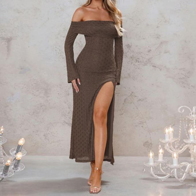 Long Sleeve Off Shoulder Plain Slit Maxi Sheath Dress Product Image