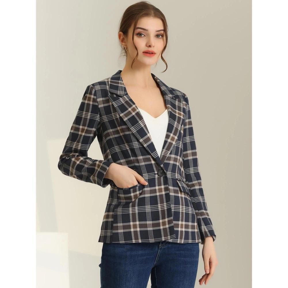 INSPIRE CHIC Women's Notched Lapel One Button Boyfriend Plaid Suit Blazer Dark Blue Small Product Image