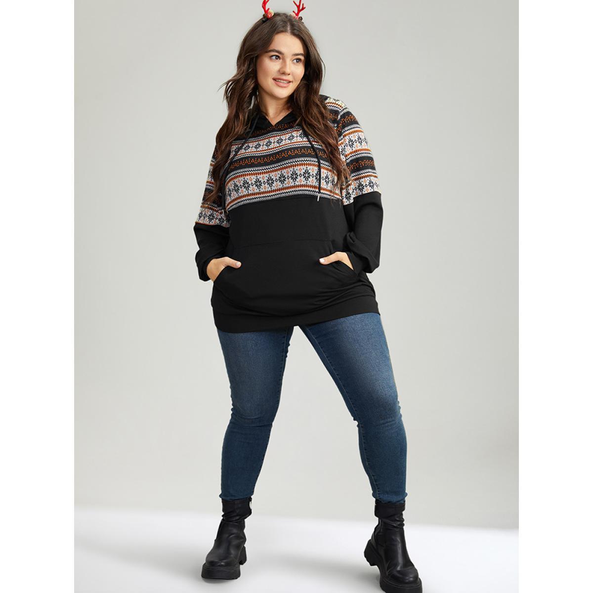 Plus Size Patchwork Contrast Pocket Hooded Drawstring Sweatshirt Women Black Casual Contrast Hooded Festival-Christmas Sweatshirts BloomChic 14-16/1X Product Image