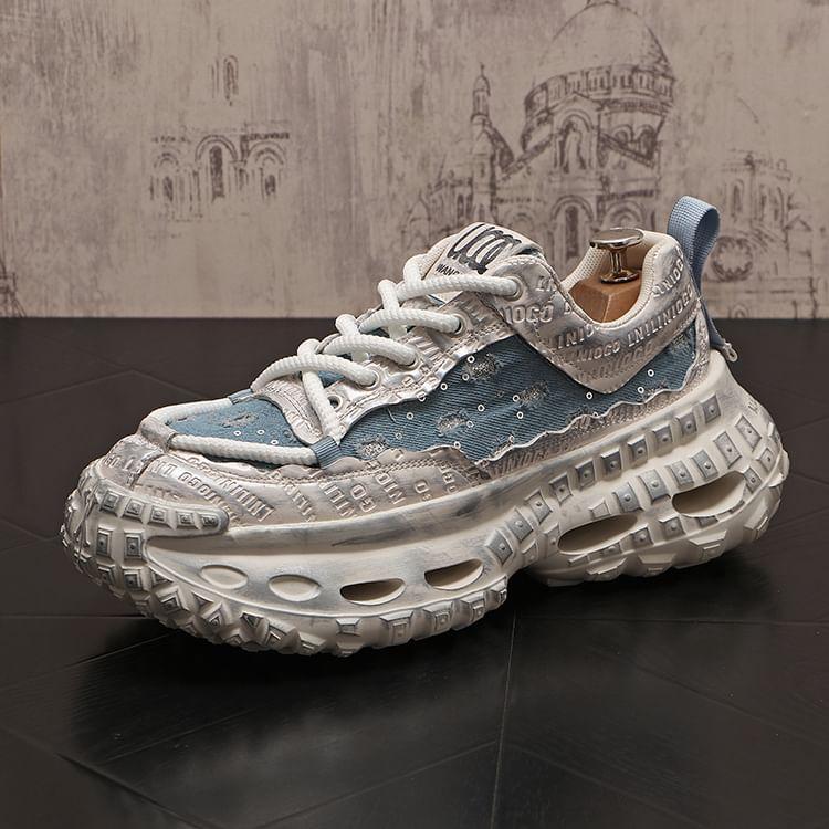 Platform Sequin Distressed Lace-Up Sneakers Product Image