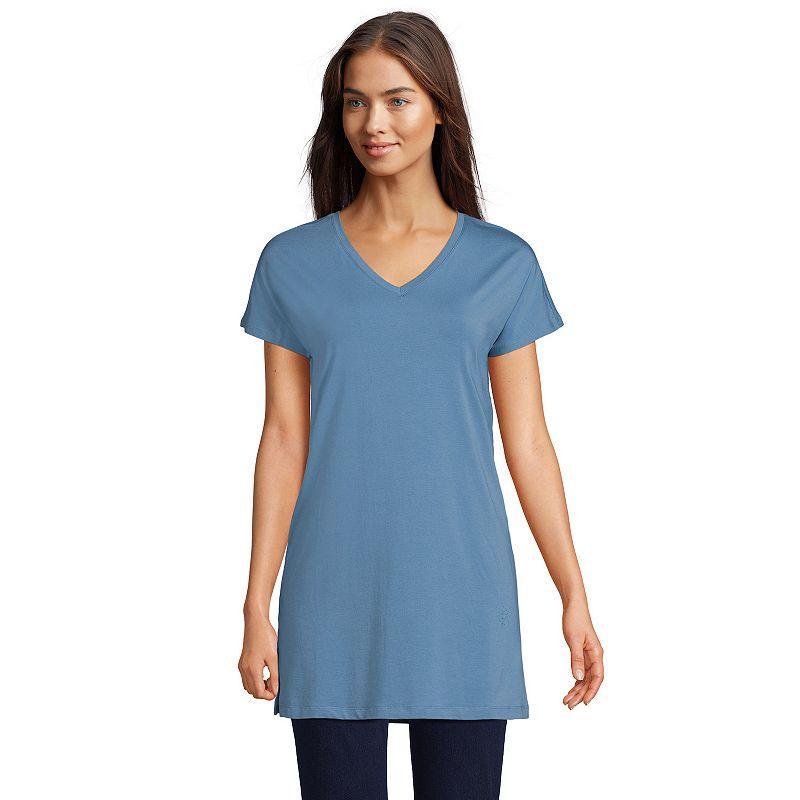 Womens Lands' End Jersey Extra Long V-Neck Tunic, Women's, Size: Medium, Pale Grey Blue Product Image