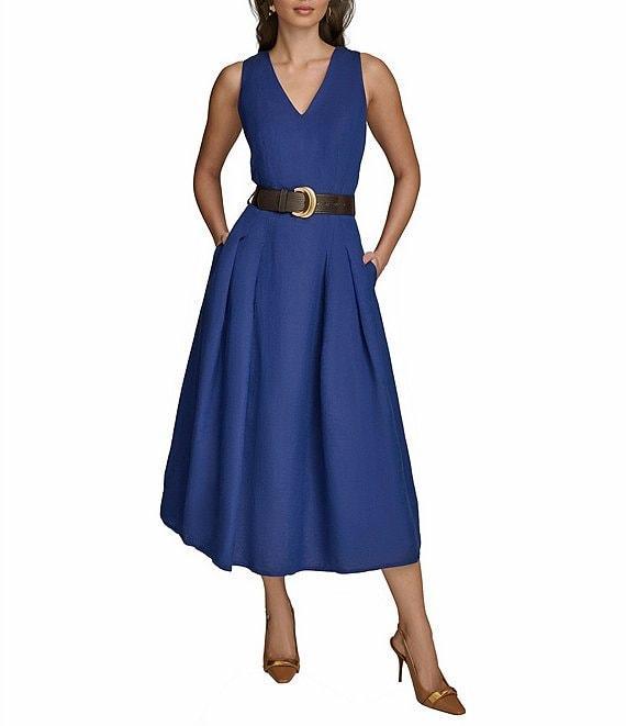 Donna Karan V-Neck Sleeveless Belted Linen A-Line Midi Dress Product Image