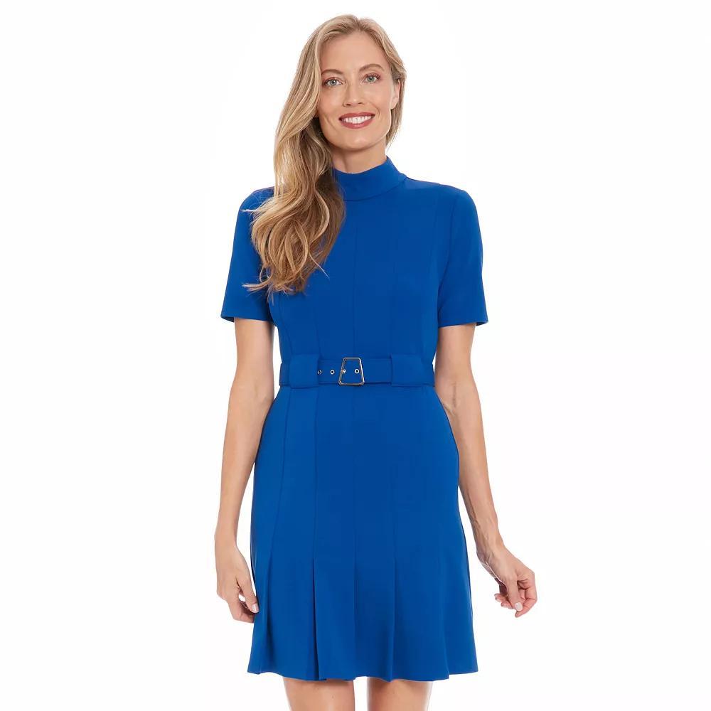 Women's London Times Mock Neck Belted Pleated Dress, Size: 16, Pine Green Product Image