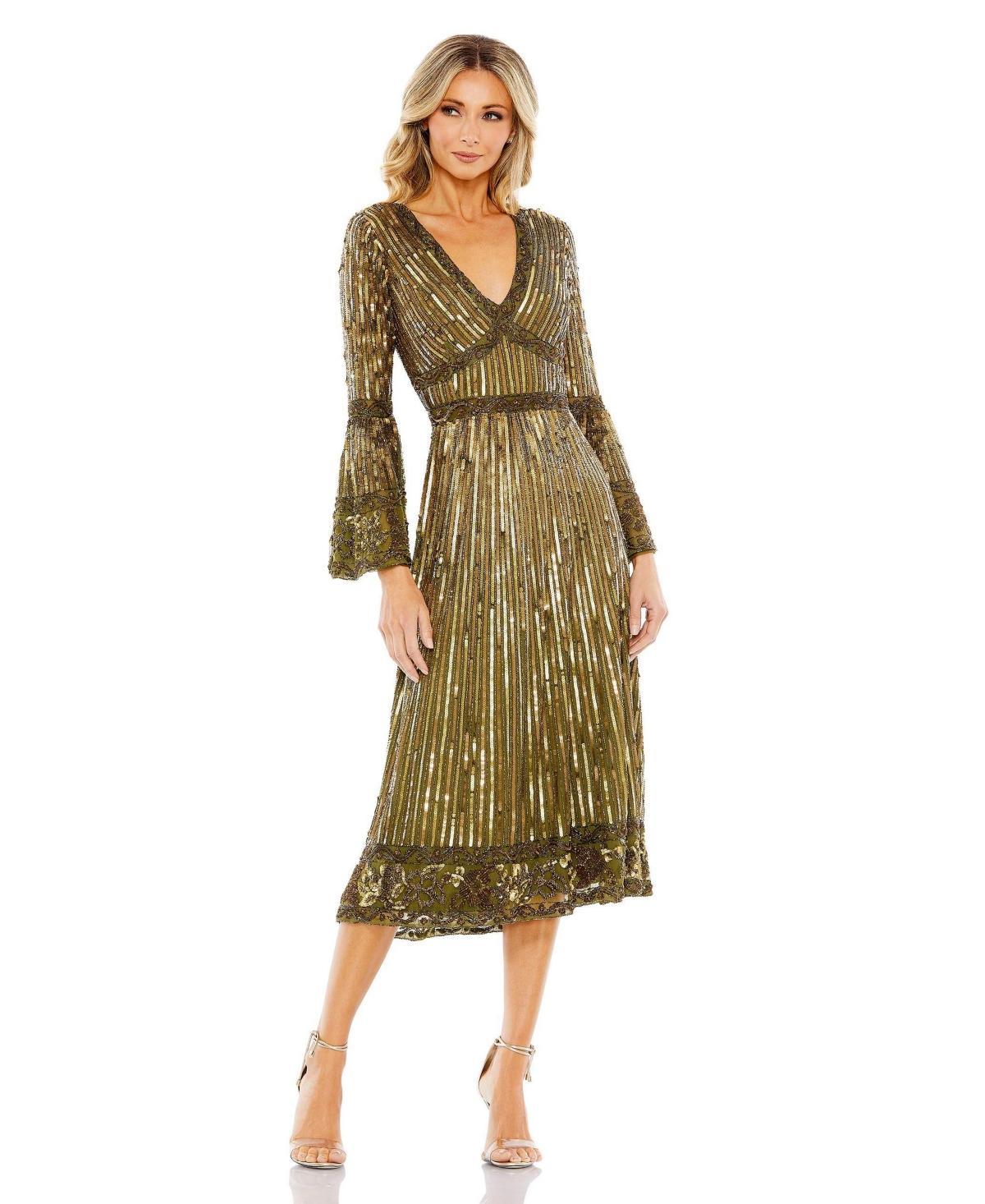 Womens Embellished Bell-Sleeve A-Line Dress Product Image