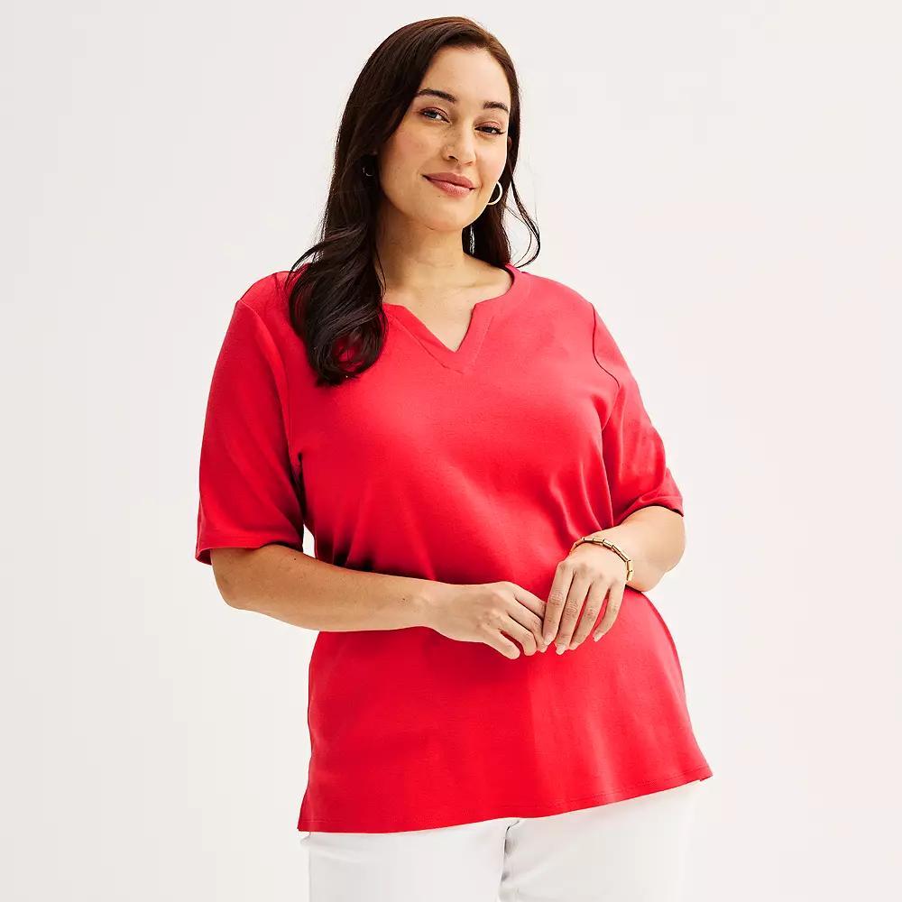 Plus Size Croft & Barrow® Elbow Sleeve Split Neck Top, Women's, Size: 2XL, Red Product Image