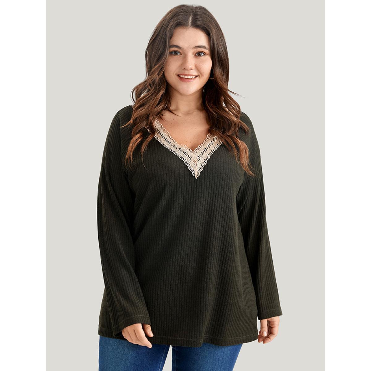 Plus Size Solid Contrast Lace V Neck Rib Knit Long Tee ArmyGreen Women Elegant Plain Plain V-neck Dailywear T-shirts BloomChic 28/5X Product Image