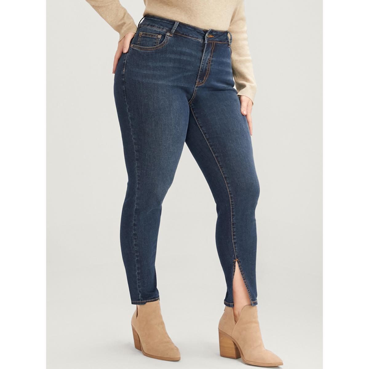 Plus Size Mom Jeans Skinny Moderately Stretchy High Rise Medium Wash Split Jeans Women Indigo Casual Plain Medium stretch Pocket Jeans BloomChic 26/4X Product Image