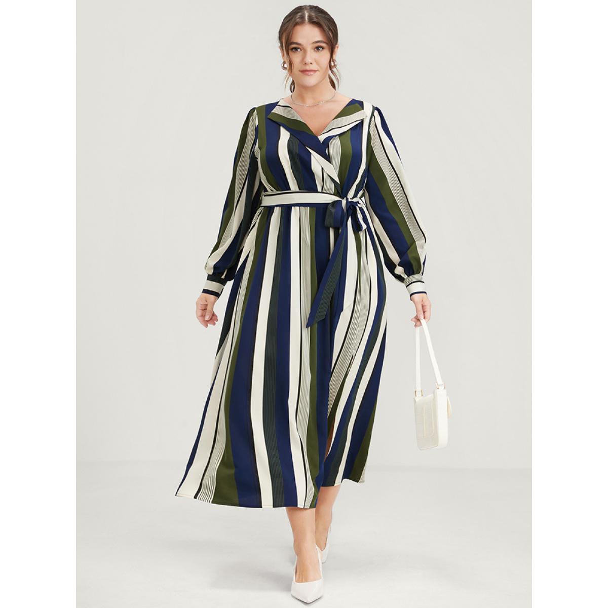 Plus Size Striped Pocket Split Belted Lapel Collar Midi Dress ArmyGreen Women Office Pocket Lapel Collar Long Sleeve Curvy Midi Dress BloomChic 10/M Product Image