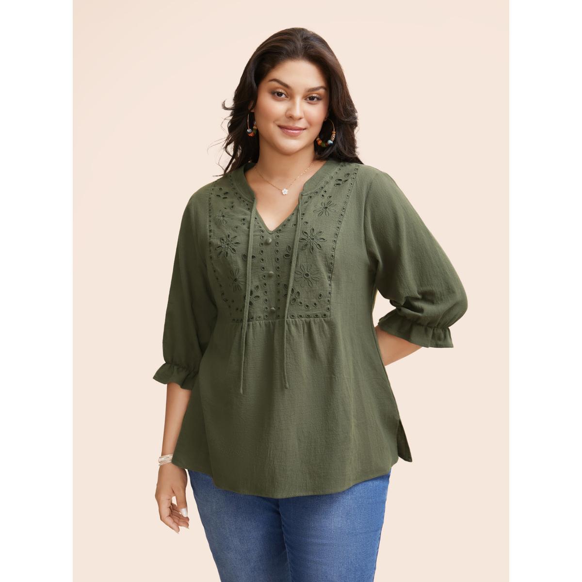 Plus Size ArmyGreen Broderie Anglaise Tie Knot Lantern Sleeve Blouse Women Resort Elbow-length sleeve Notched collar Vacation Blouses BloomChic 18-20/2X Product Image