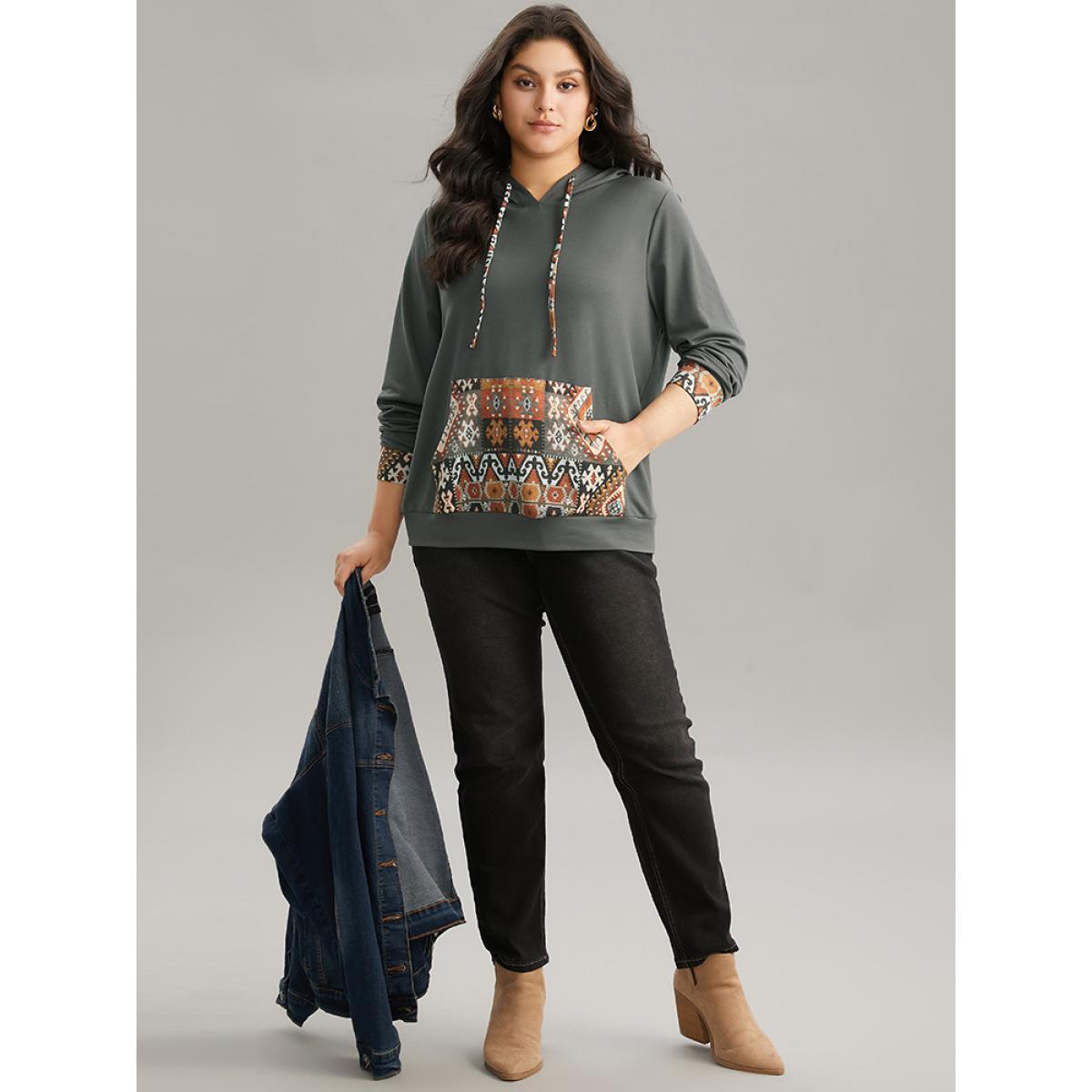 Plus Size Bandana Patchwork Hooded Pocket Drawstring Sweatshirt Women DimGray Elegant Patchwork Hooded Dailywear Sweatshirts BloomChic 18-20/2X Product Image