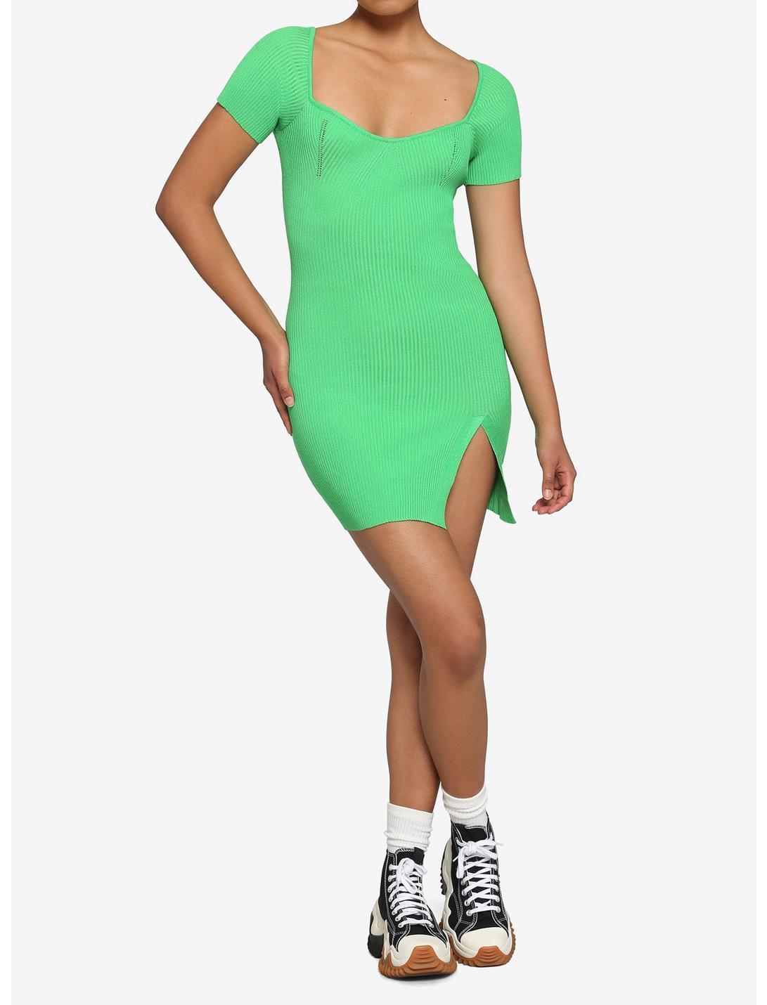 Neon Green Ribbed Mini Sweater Dress Product Image
