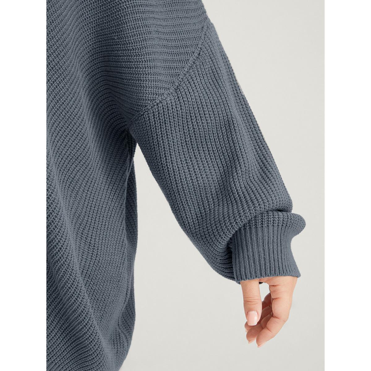 Plus Size Solid Pointelle Knit Asymmetrical Hem Eyelet Knit Top Silver Women Casual Loose Long Sleeve V-neck Dailywear Pullovers BloomChic 28/5X Product Image