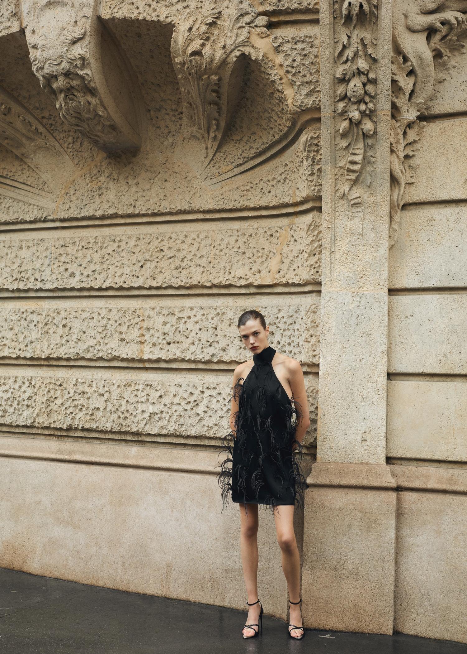 Halter dress with feather decoration - Women | MANGO USA Product Image