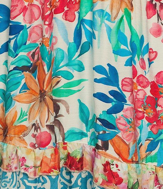 Calessa Plus Size Patchwork Floral V-Neck 3/4 Sleeve A-Line Tiered Midi Dress Product Image