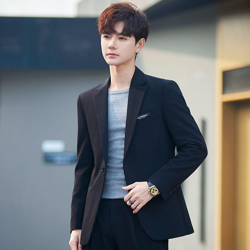 Notch Lapel Plain Single-Button Blazer / Mid Rise Tapered Dress Pants / Set Product Image