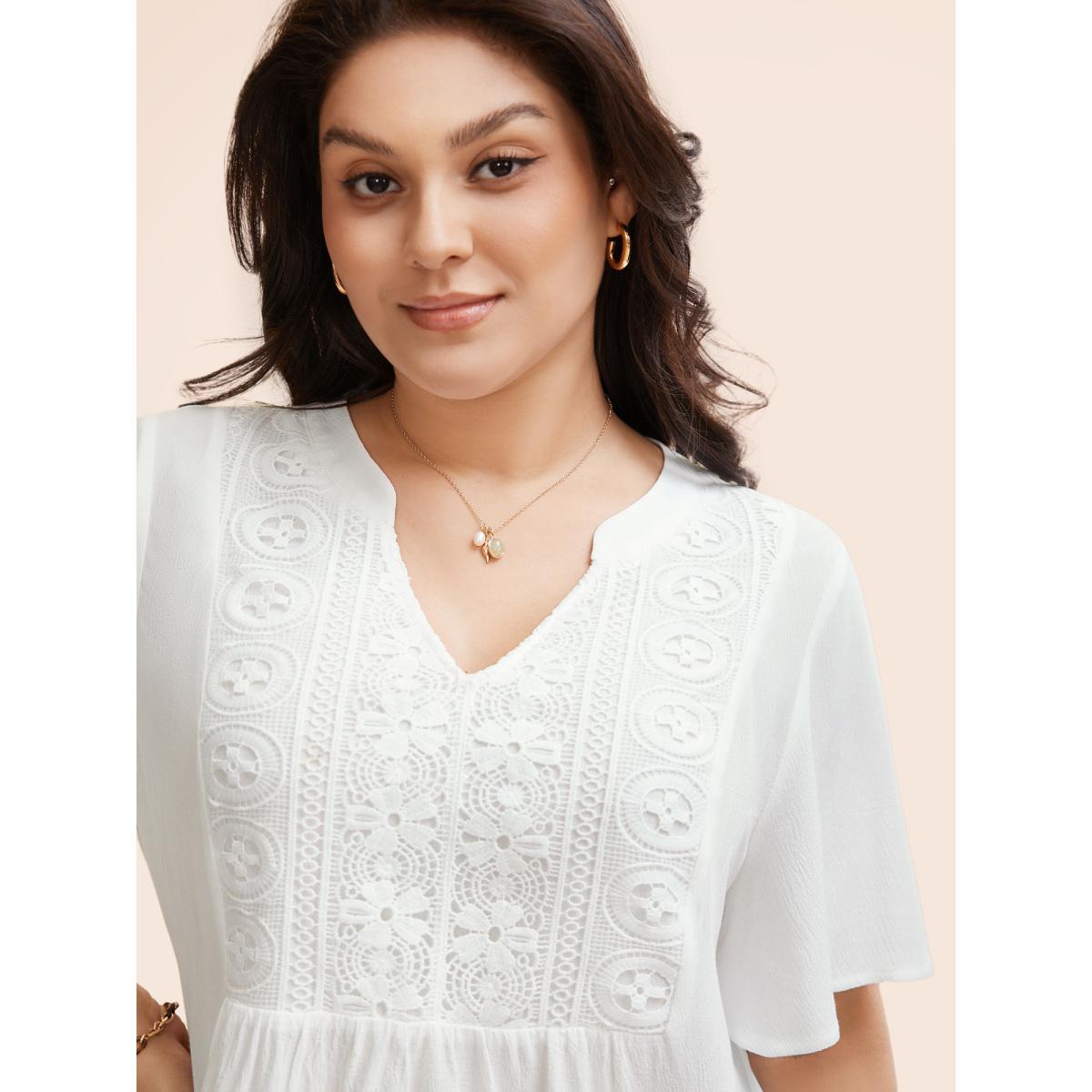 Plus Size Opticwhite Notched Collar Texture Slit Hem Blouse Women Elegant Short sleeve Notched collar Everyday Blouses BloomChic 18-20/2X Product Image