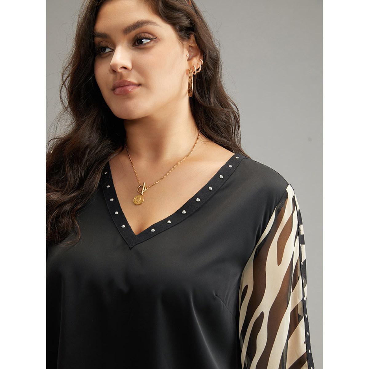 Plus Size Black Zebra Print Chiffon Patchwork Pearl Beaded Blouse Women Elegant Elbow-length sleeve V-neck Dailywear Blouses BloomChic 14-16/1X Product Image