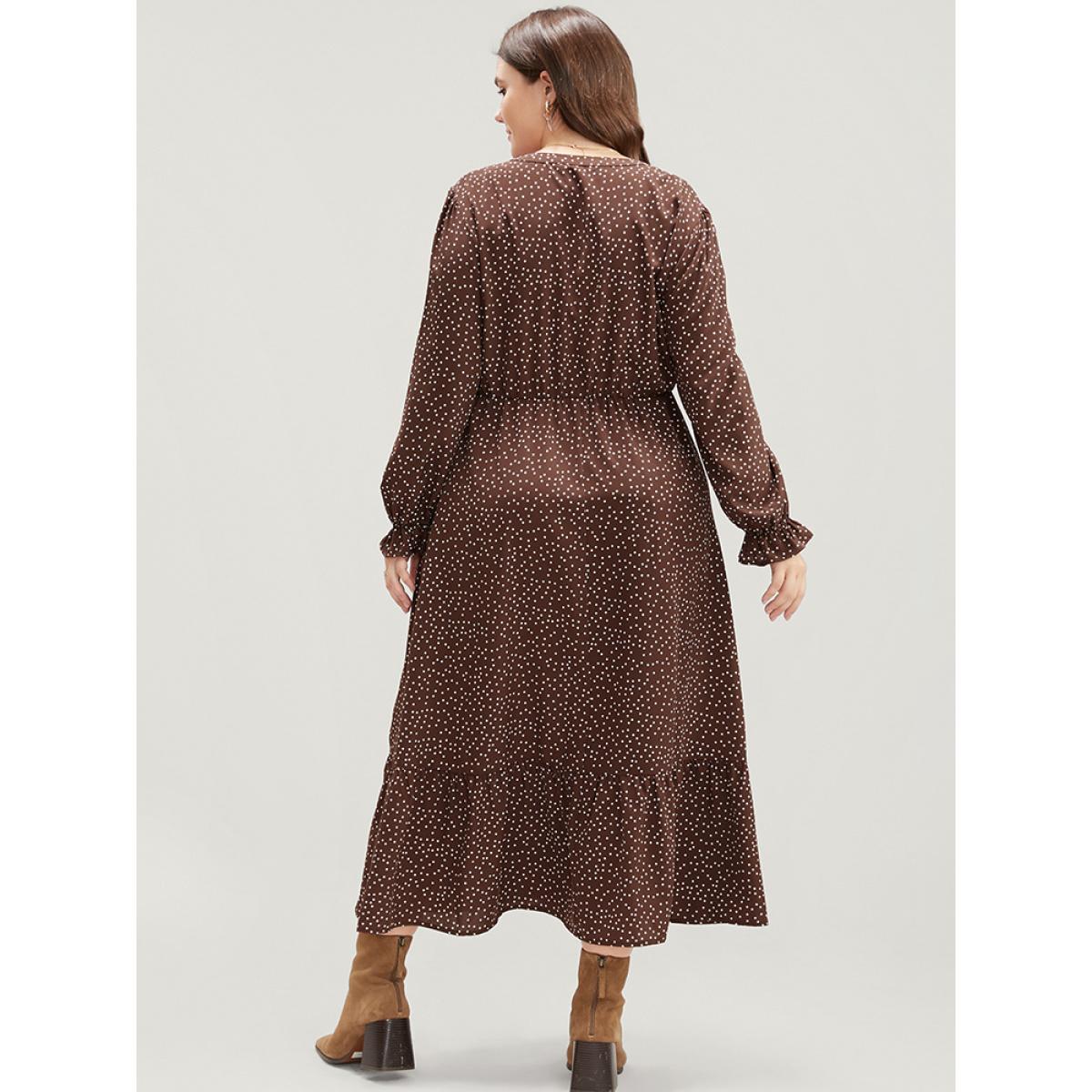 Plus Size Polka Dot Pocket Lantern Sleeve Flutter Hem Dress DarkBrown Women Elegant Pocket V-neck Long Sleeve Curvy Midi Dress BloomChic 12/L Product Image