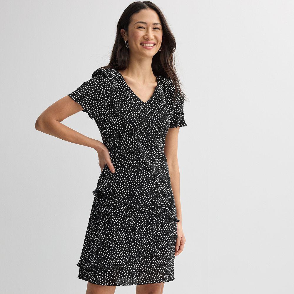Petite Studio Connection V-Neck Short Sleeve Bodre Tiered Dress, Women's, Size: 8 Petite, Black Ditsy Product Image
