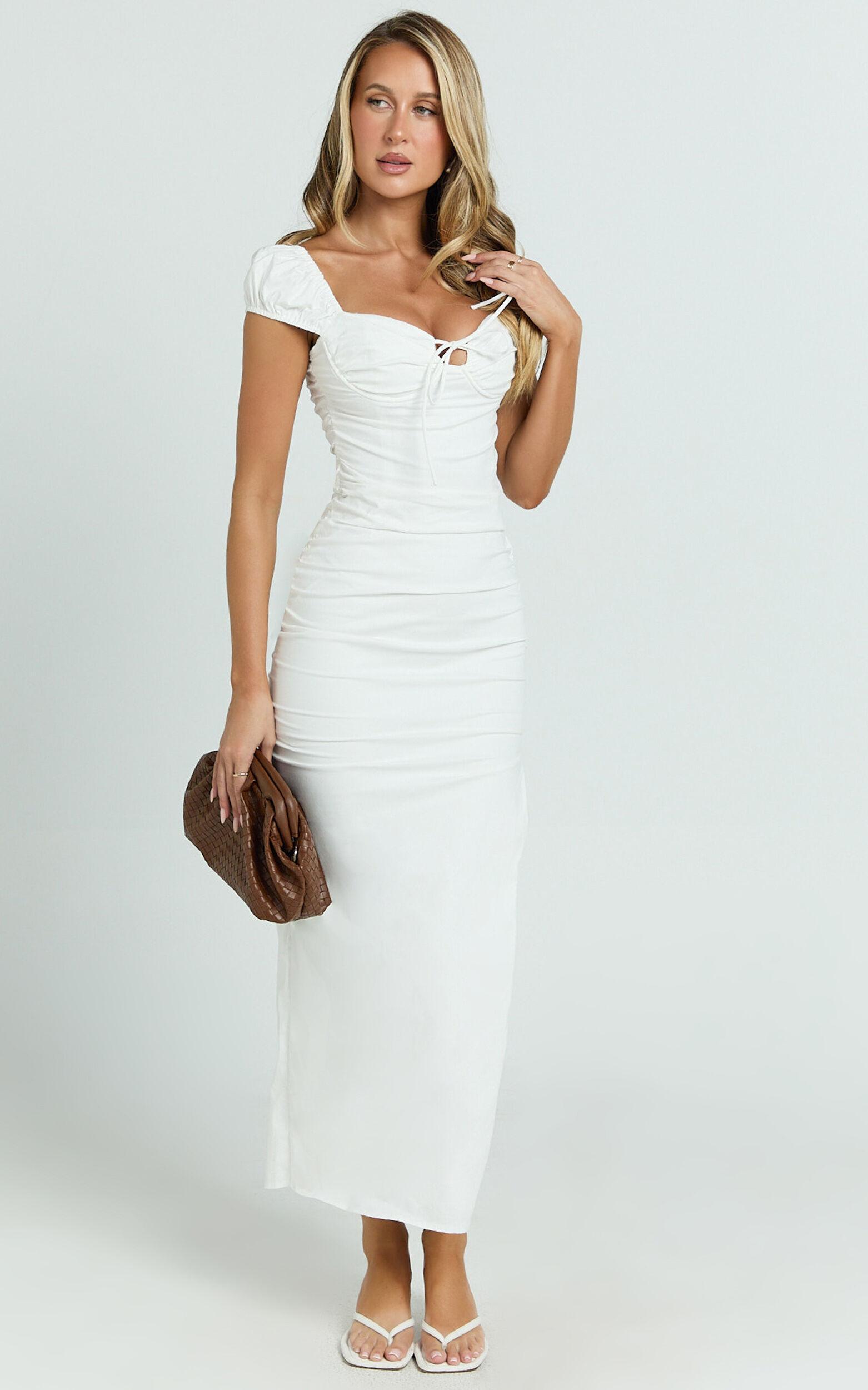 Farrow Midi Dress - Cap Sleeve Ruched Bust Fitted Dress in Off White Product Image